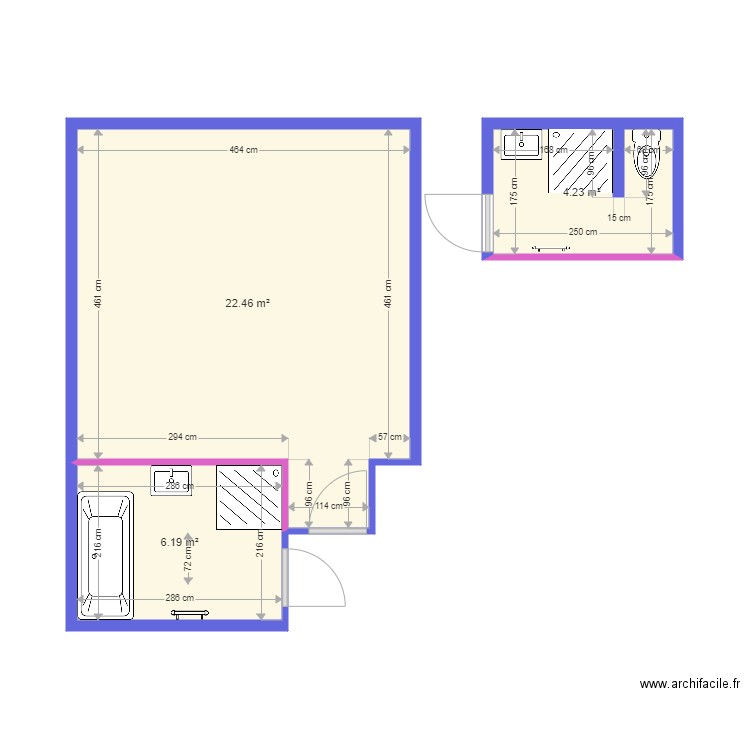 VERT. Plan de 3 pièces et 33 m2