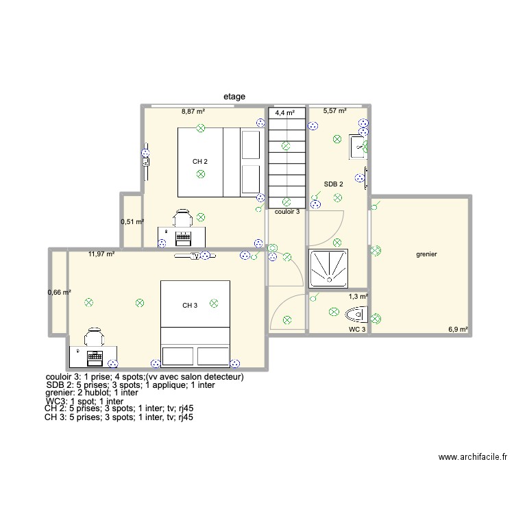 kine etage. Plan de 8 pièces et 40 m2