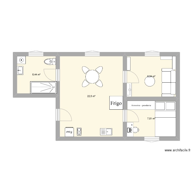 I2Etage2DroiteMeublé. Plan de 4 pièces et 46 m2