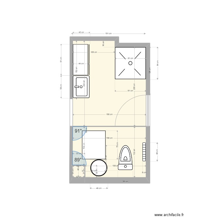 Réaménagement douche bas. Plan de 3 pièces et 7 m2