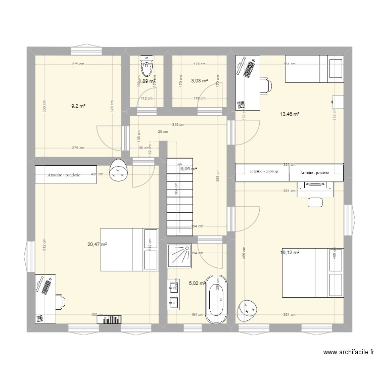 Plassay etage. Plan de 8 pièces et 78 m2