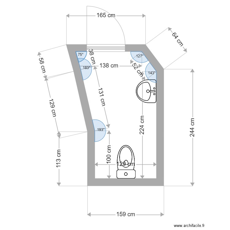 toilette salle de conference. Plan de 1 pièce et 4 m2