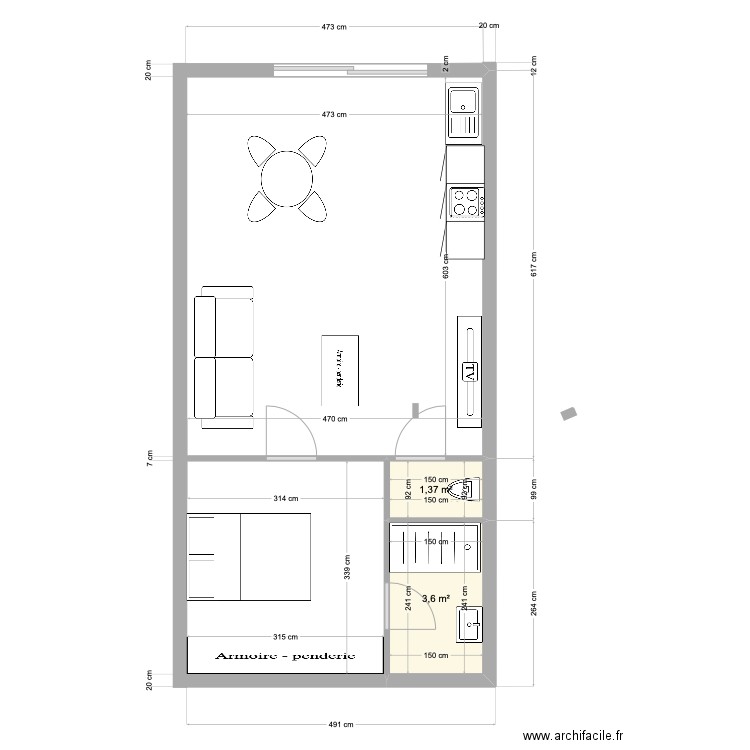 nanar. Plan de 2 pièces et 5 m2