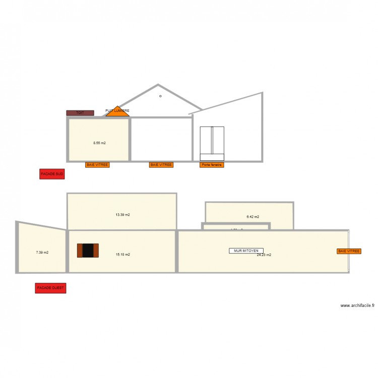 PLAN FACADE ET TOIT PROJET EXTENSION PCMI5 rectification. Plan de 0 pièce et 0 m2