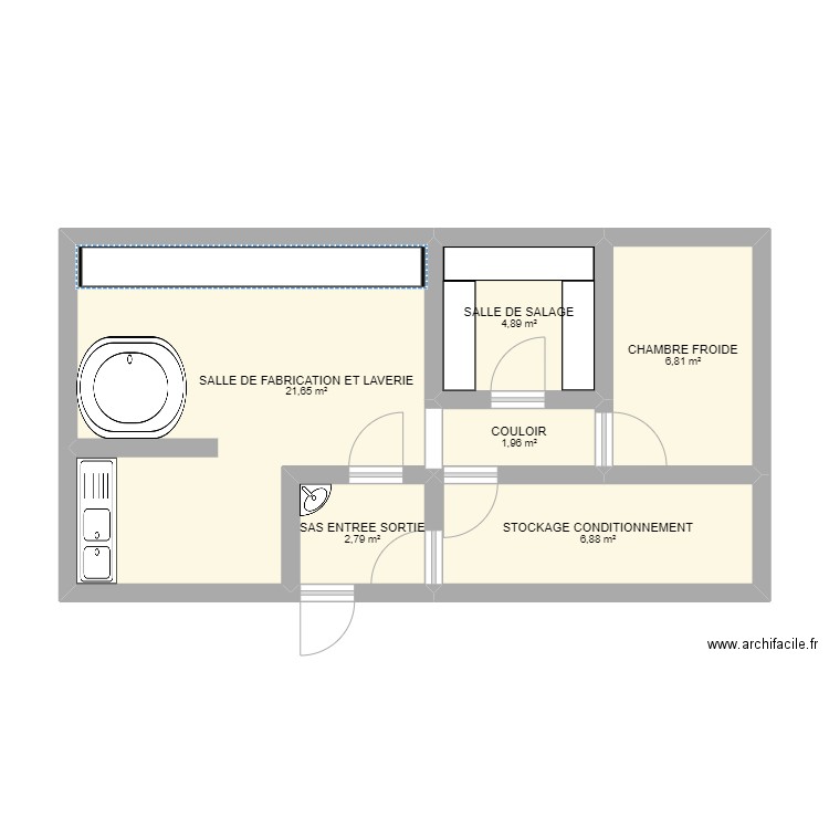 fromagerie. Plan de 6 pièces et 45 m2