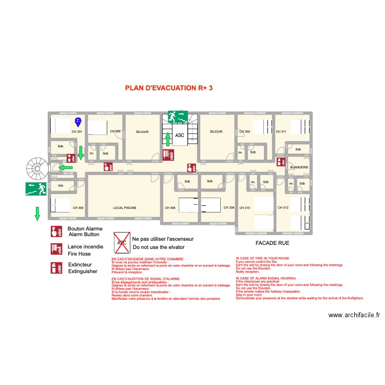 Plan évacuation 3ième Etage. Plan de 30 pièces et 52 m2