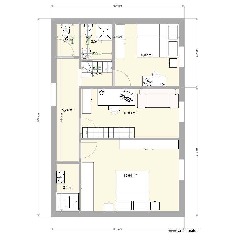 Montpellier 1er etage. V3. Plan de 8 pièces et 49 m2