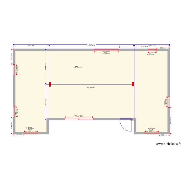 60 1 sv. Plan de 1 pièce et 55 m2