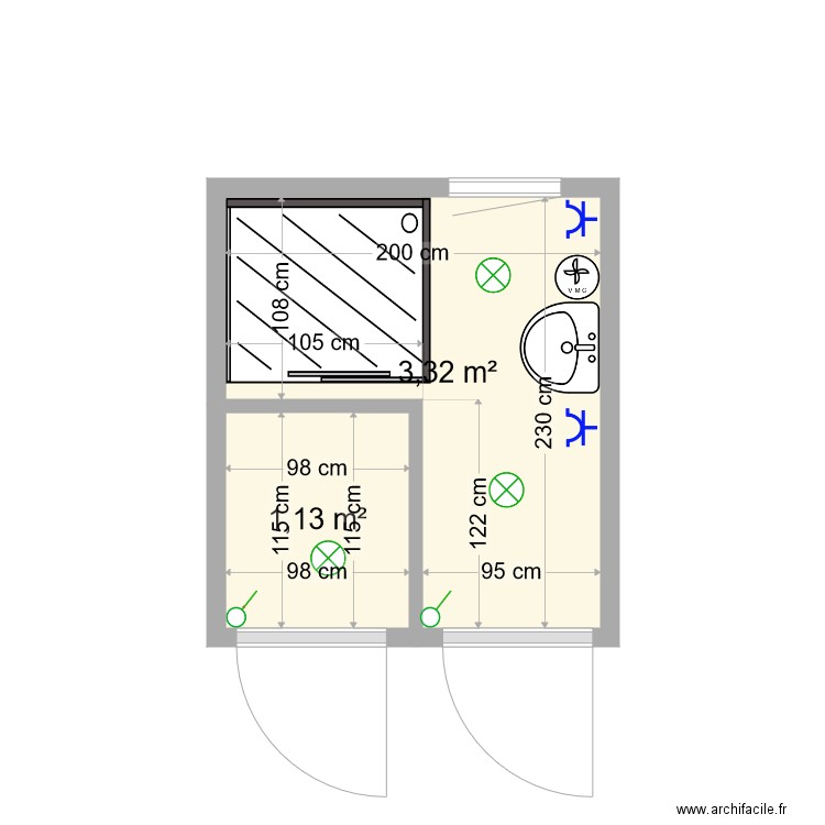 SDB étage. Plan de 2 pièces et 4 m2