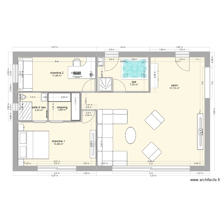 plan rdc maison Sillans salon ch1+ch2. Plan de 6 pièces et 82 m2