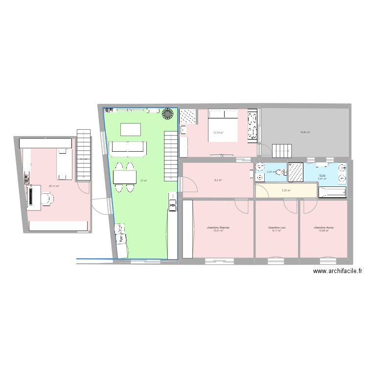 rdc et comble. Plan de 12 pièces et 144 m2