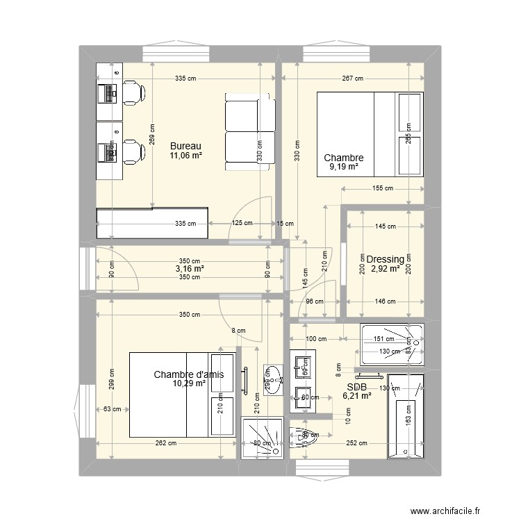 32RDS CHAMBRES V2. Plan de 6 pièces et 43 m2