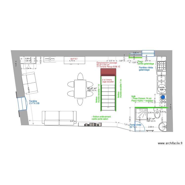 2 EME ÉTAGE  MODIF CLOISON. Plan de 2 pièces et 44 m2