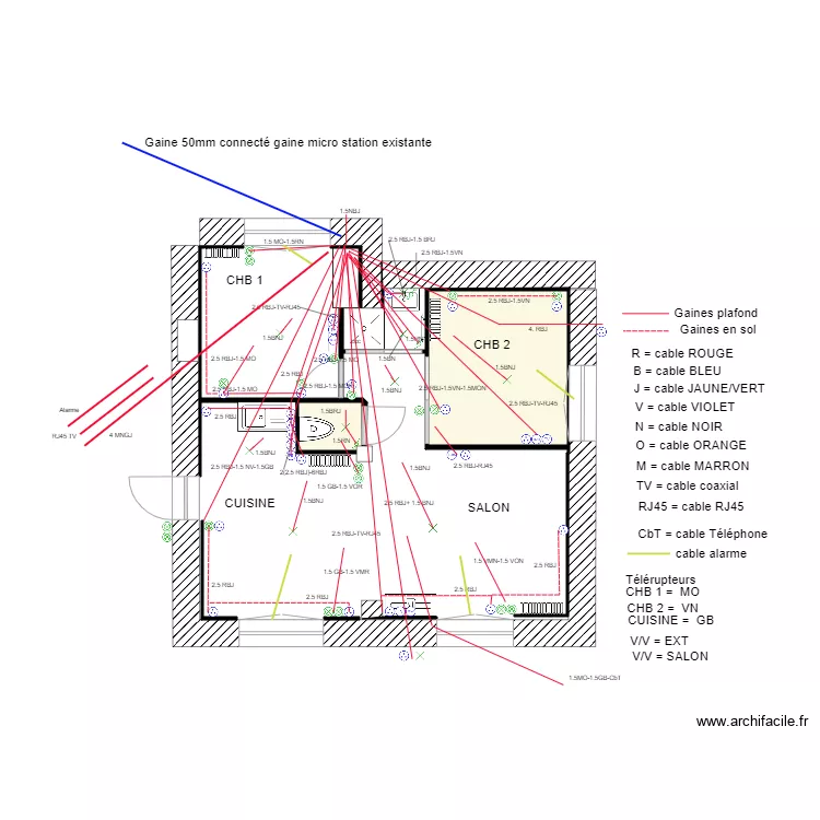 rez de chaussee DEFINITIF cablage &eacute;l&eacute;ctrique. Plan de 