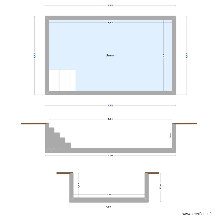Piscine plan en coupe. Plan de 1 pièce et 28 m2