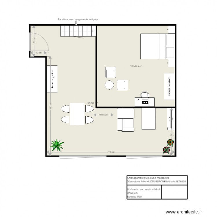 Amenagement studio environ 53m2 avec mezzanine2. Plan de 0 pièce et 0 m2