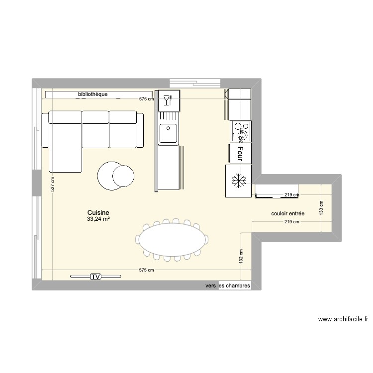plan  4 salon cuisine en paralléle. Plan de 1 pièce et 33 m2