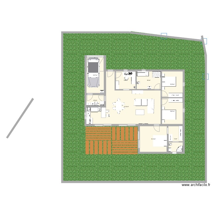 plan maison en L et terrain garage 3m. Plan de 9 pièces et 122 m2