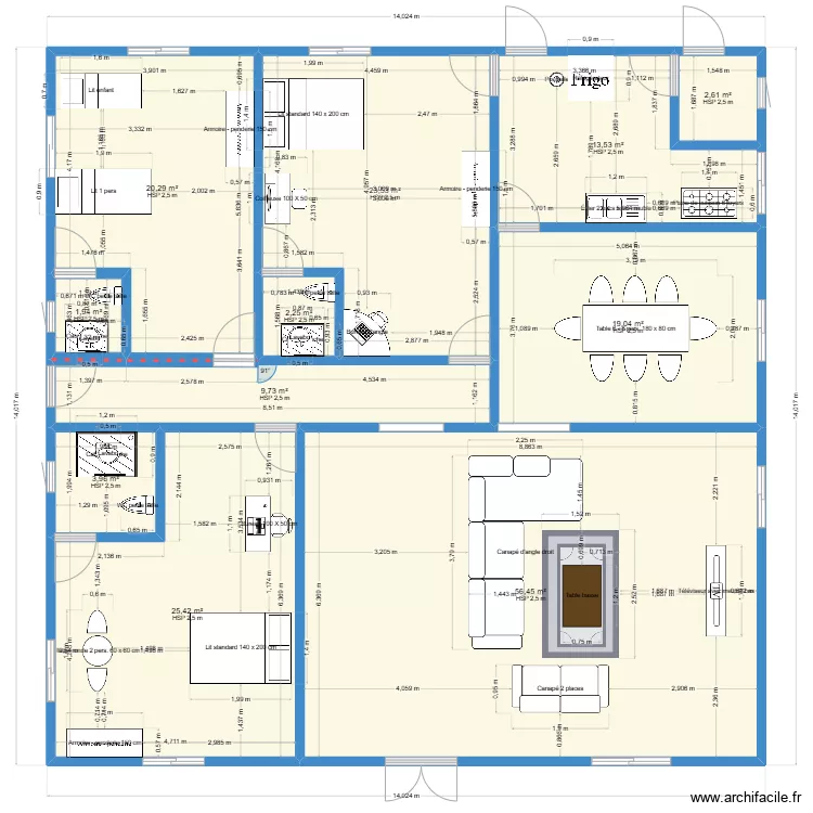 plan de 3 chambres salon avec salle &agrave; manger et cuisine. Plan de 
