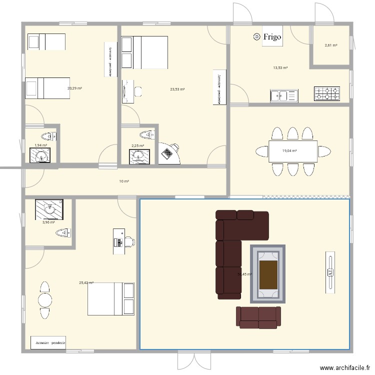 plan de 3 chambres salon avec salle à manger et cuisine . Plan de 0 pièce et 0 m2