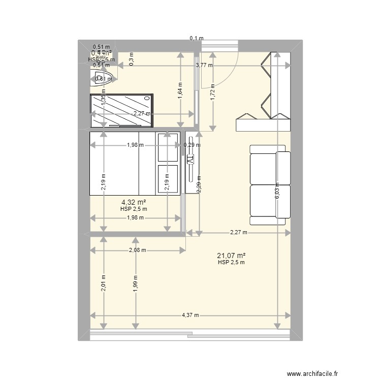 LESCARROZ. Plan de 3 pièces et 25 m2