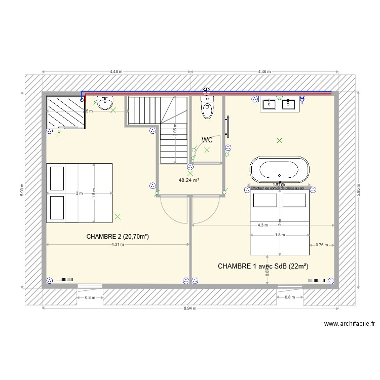 Etage Petite Maison avec baignoire repositionnée et projet Salle Eau dans Chambre 2 avec lits. Plan de 0 pièce et 0 m2
