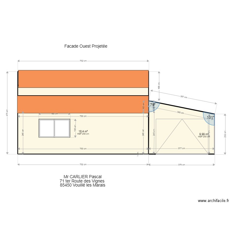 Façade Ouest Projetée. Plan de 5 pièces et 45 m2