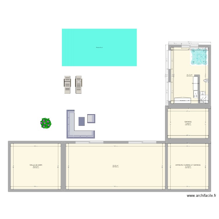 cuisine et jacuzzi+piscine. Plan de 5 pièces et 138 m2