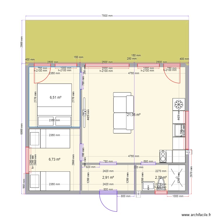 45 888 Рита эскиз. Plan de 6 pièces et 53 m2