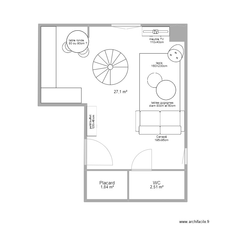 plan avec cotes meubles. Plan de 3 pièces et 31 m2