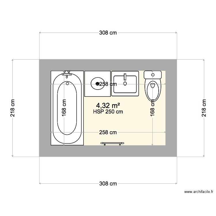 Salle de bain haut. Plan de 1 pièce et 4 m2