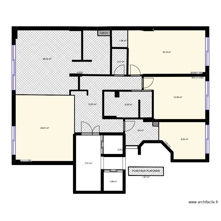 PLAN  FAUX  plafonds. Plan de 19 pièces et 129 m2