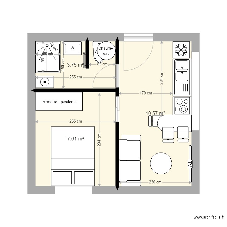 studio 3. Plan de 3 pièces et 22 m2