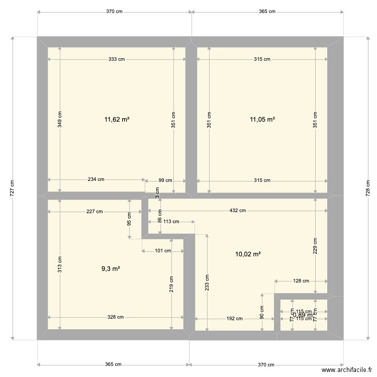 etage 90c. Plan de 5 pièces et 43 m2