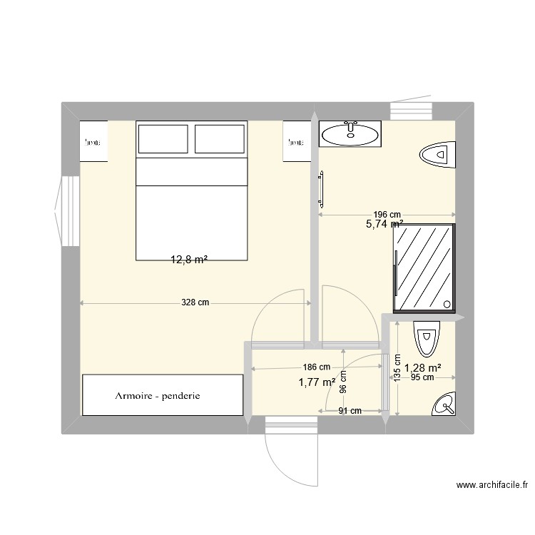 chambre studio . Plan de 4 pièces et 22 m2