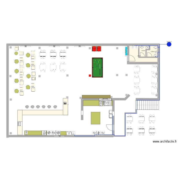 restaurant. Plan de 3 pièces et 8 m2