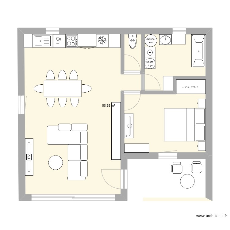 cabanon. Plan de 1 pièce et 58 m2