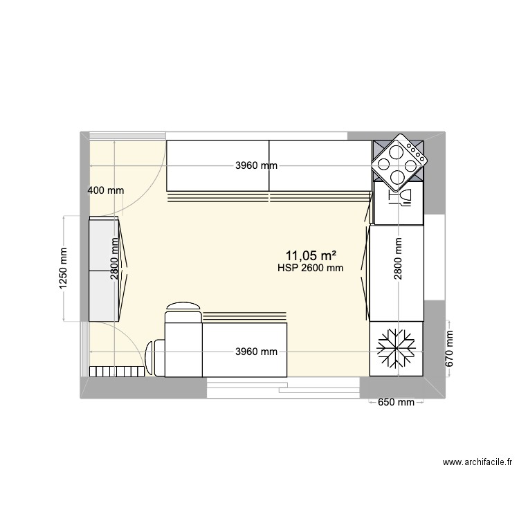 plan de cuisine. Plan de 1 pièce et 11 m2