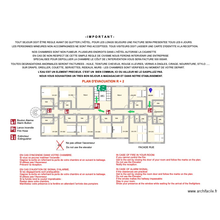 Plan évacuation 2ième Etage 200. Plan de 33 pièces et 51 m2