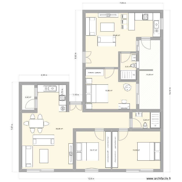 s+1 s+2. Plan de 9 pièces et 118 m2