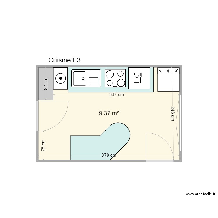 CUISINE F3 meublée. Plan de 1 pièce et 9 m2