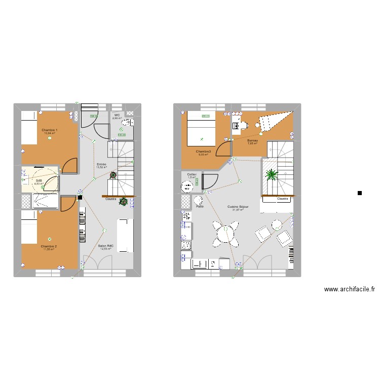 Duplex_v7. Plan de 15 pièces et 110 m2