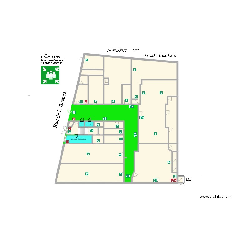 Bachée rez projet pictogrammes. Plan de 28 pièces et 960 m2