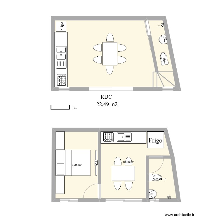 plan du RDC. Plan de 7 pièces et 44 m2