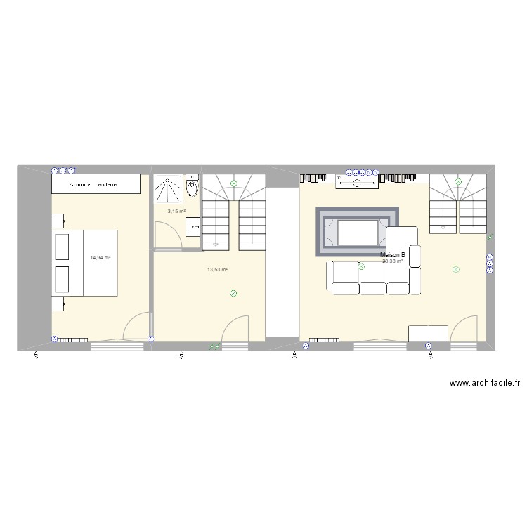 MAISON B RDC. Plan de 4 pièces et 60 m2