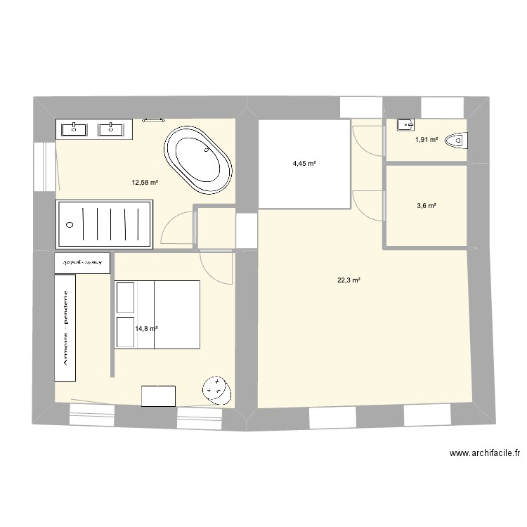 chambre + sdb. 3. Plan de 2 pièces et 27 m2