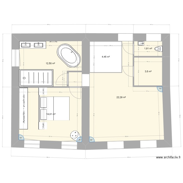 chambre + sdb. 3. Plan de 2 pièces et 27 m2