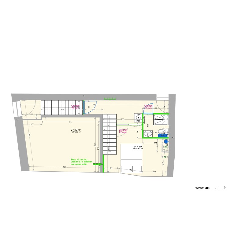 1ÉTAGE SDN CH3 PORTES. Plan de 2 pièces et 42 m2