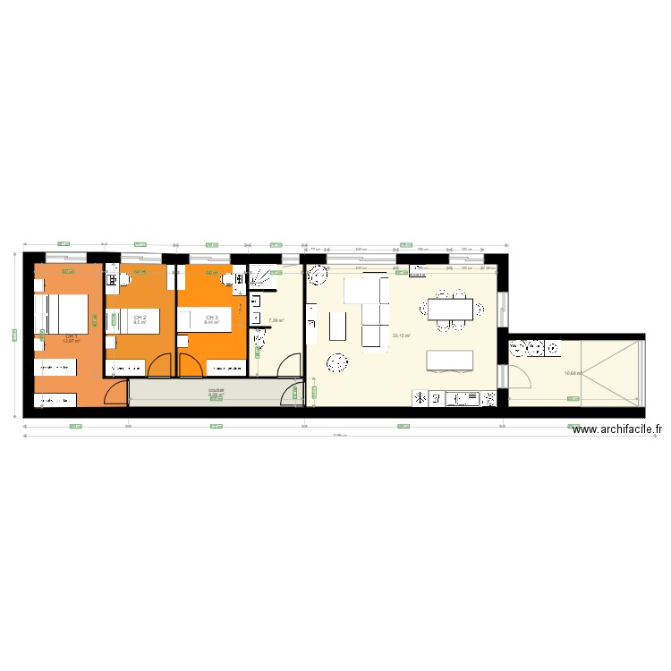 3 CH SUD LONGUEUR bis. Plan de 7 pièces et 89 m2