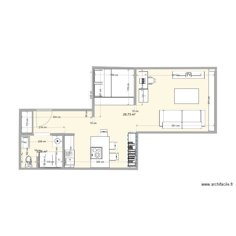 Beghin churchill v4. Plan de 2 pièces et 32 m2